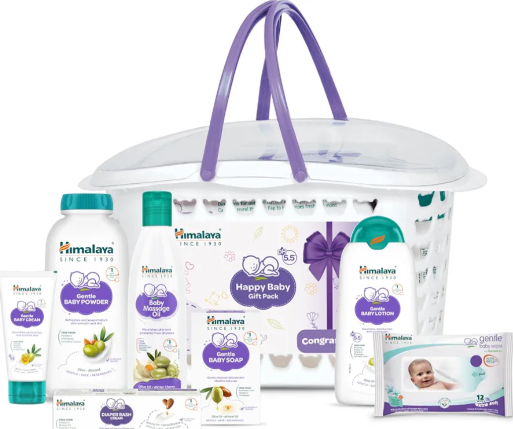 Himalaya Baby Gift Pack Basket,Pack of 1 set,white Baby Care Gift Basket with Newborn Baby Essentials | No.1 Doctor Recommended Brand | Safe for Newborns