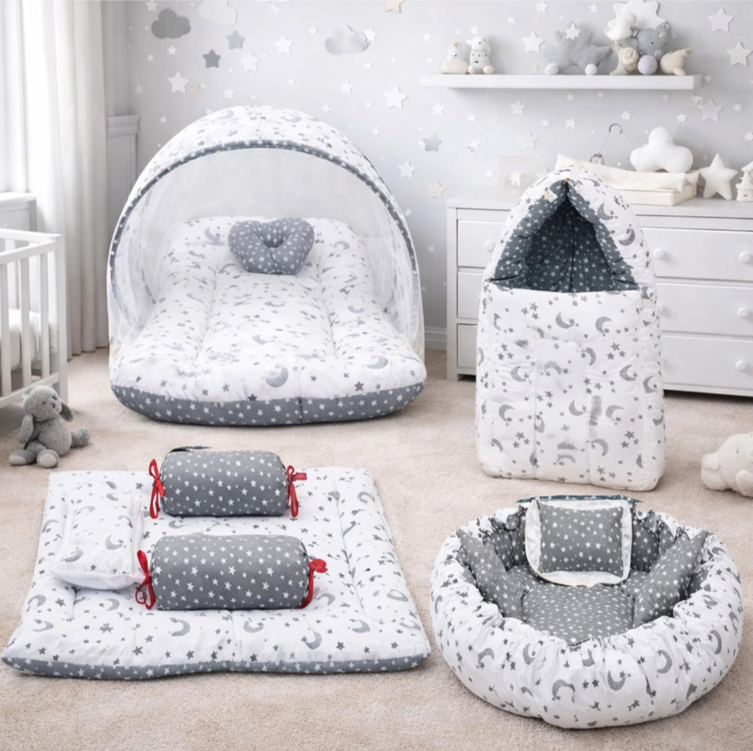 Combo of Baby Nest | Net with Bed | Carry Bag | 4 Pcs Bedding Set(0-6 Months) (Fullset_Nest) (Grey Moon)
