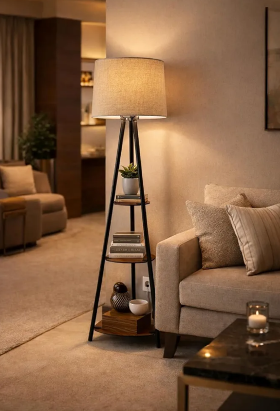 Luxury lamp | Floor Lamp with Wooden Shelf, Warm White Light, Linen Fabric Shade, Storage Display Design for Living Room, Bedroom and Reading Areas