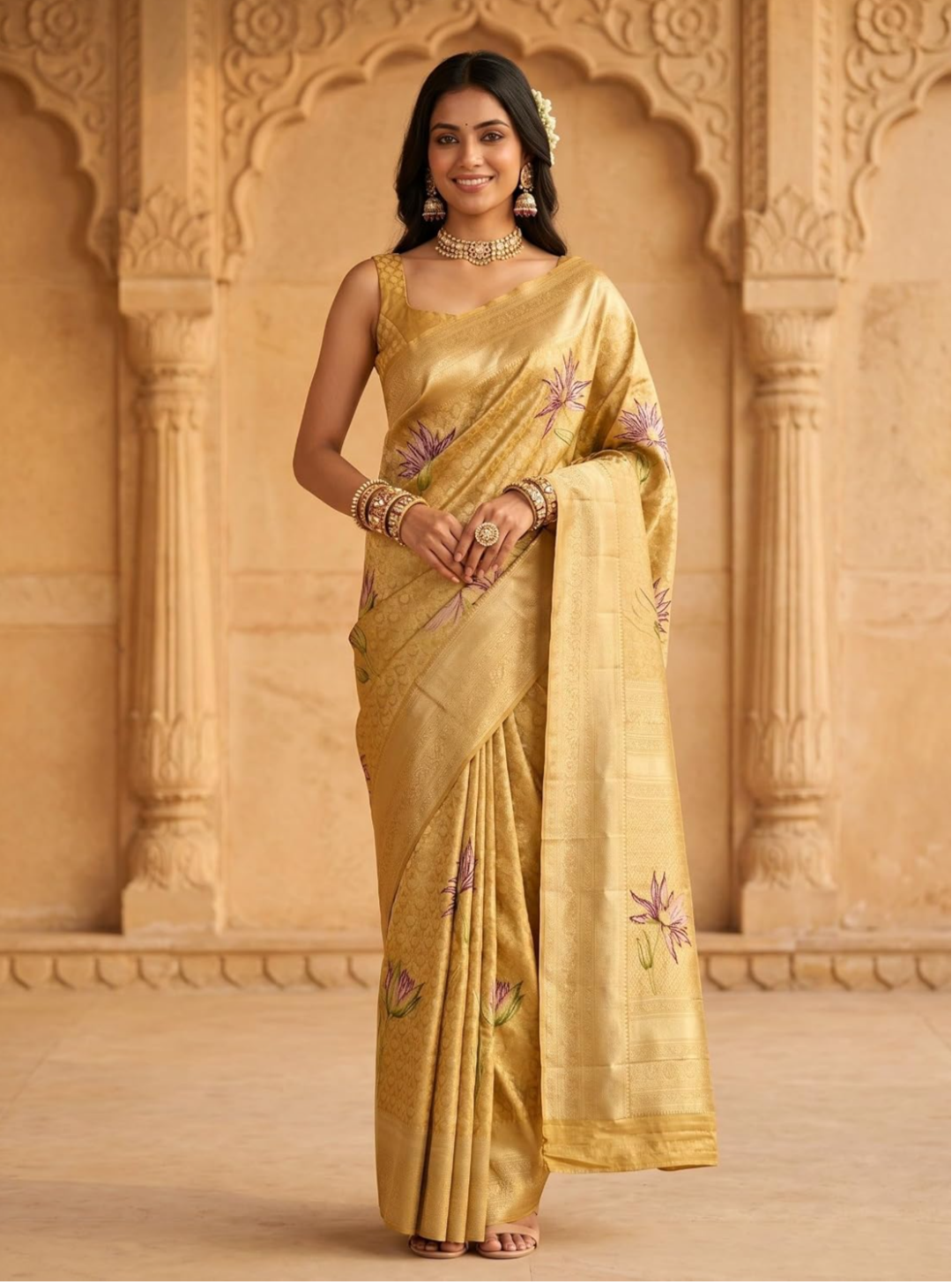 Women's Gold Art Silk Kanjivaram Saree (Unstitched Blouse) | embrodiary | 6.2 Mtrs
