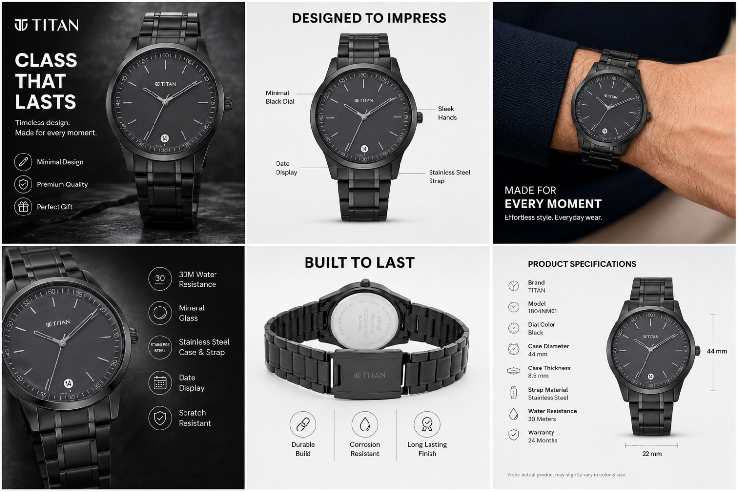 Titan Minimalist Quartz Analog with Date Black Dial Black Metal Strap Watch For Men - NT1806NM01