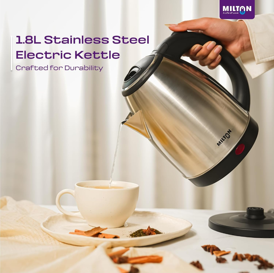 Milton Rapid Electric Kettle 1.8L | 1500 Watts | Stainless Steel Hot Water portable Electric Kettle for Home, Office | Auto Shut-Off with Wide Mouth | Cool-touch Handle and Single-Touch Lid Lock